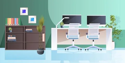 Workplace with computer monitors modern cabinet interior empty no people office Ilustración de archivo