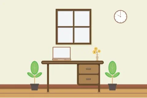 Workplace with computer near window and wall clock, vector illustration Stock Illustration