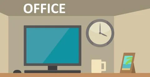 Workplace with a computer in office. Vector color flat illustration Stock Illustration