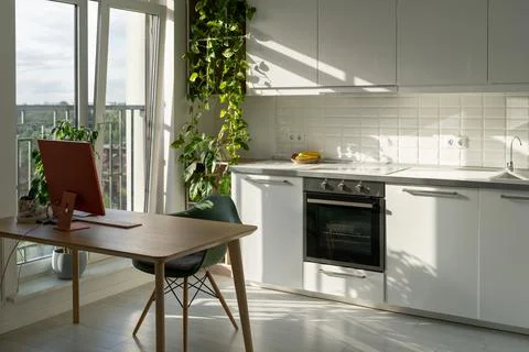 Workplace with computer for remote employee working from home or doing freelance Stock Photos