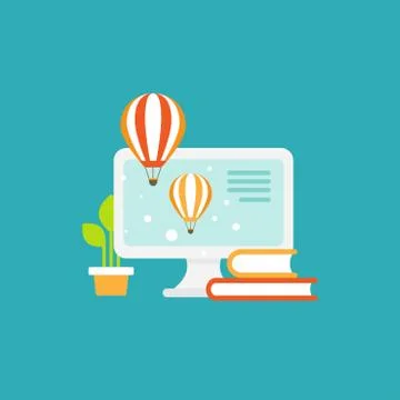 Workplace with computer screen, hot air ballons, books and blocknote. workpla Illustrazione stock