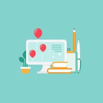 Workplace with computer screen, mug, books and blocknote. workplace isolated  イラスト素材