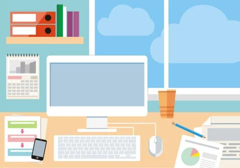 Workplace with computer, smartphone and window イラスト素材