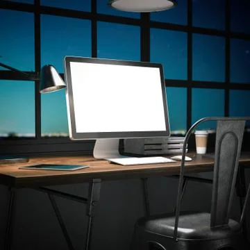 Workplace with computer on a wooden table. 3d rendering イラスト素材