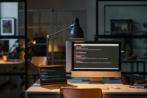 Workplace with computers with security codes Foto stock