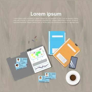 Workplace Concept Office Desk Template Top Angle View Document Folders Banner Illustrazione stock
