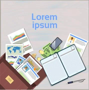Workplace Concept Open Suitcase On Office Desk With Cv Resume And Document Illustrazione stock