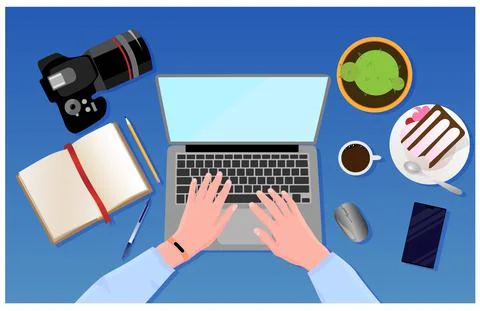 Workplace concept. Top view to hands with laptop, notebook, mouse, pencil, pen Stock Illustration