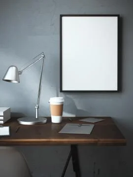Workplace with cup and blank frame. 3d rendering イラスト素材