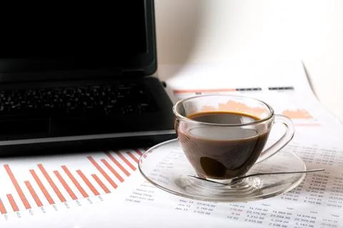 Workplace with a cup of coffee Stock Photos