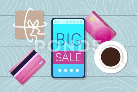 Workplace deck smartphone credit card online shopping big sale discount concept Stock Illustration