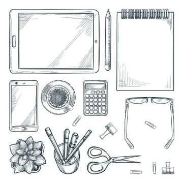 Workplace design elements, isolated on white background. Vector sketch top vi Illustrazione stock