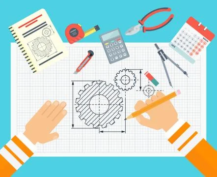 Workplace of a design engineer. Flat vector illustration. Illustrazione stock