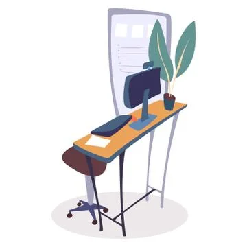 Workplace Design, Table at Office with Computer 스톡 일러스트