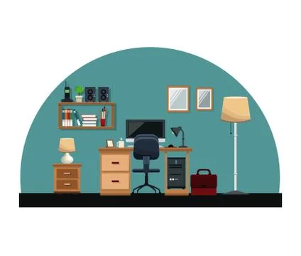 Workplace desk chair computer mirror cabinet book lamp office interior 스톡 일러스트