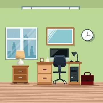 Workplace desk chair computer window lamp イラスト素材