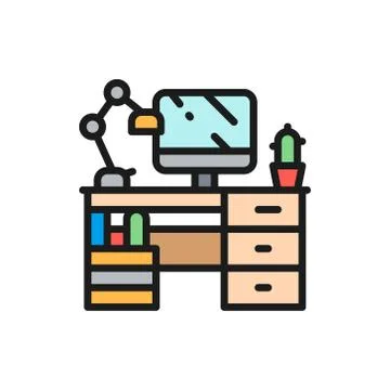 Workplace, desk with computer and lamp flat color icon. Stock Illustration