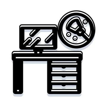 Workplace desk computer with digital communication icon イラスト素材