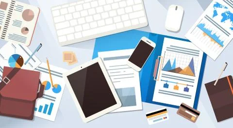 Workplace Desk Documents Papers Folder Office Stuff Top Angle View Stock Illustration