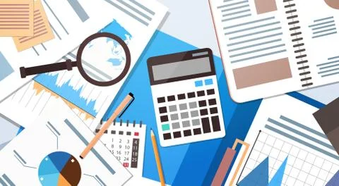Workplace Desk Documents Papers Folder Office Stuff Top Angle View Illustrazione stock