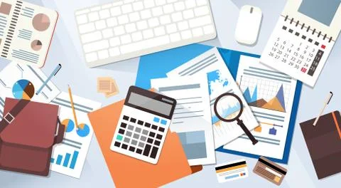 Workplace Desk Documents Papers Folder Office Stuff Top Angle View Stock Illustration