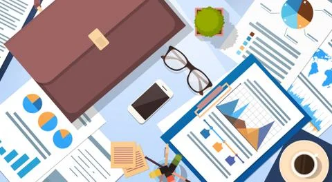 Workplace Desk Documents Papers Folder Office Stuff Top Angle View Stock Illustration