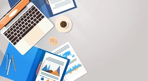 Workplace Desk Documents Papers Folder Office Stuff Top Angle View Stock Illustration