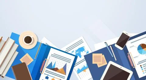 Workplace Desk Documents Papers Folder Office Stuff Top Angle View Stock Illustration