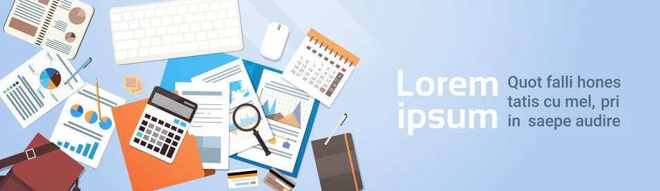 Workplace Desk Documents Papers Folder Office Stuff Top Angle View Stock Illustration