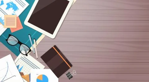Workplace Desk Documents Papers Folder Office Stuff Top Angle View Stock Illustration