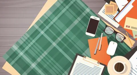 Workplace Desk Documents Papers Folder Office Stuff Top Angle View Stock Illustration