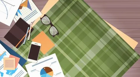 Workplace Desk Documents Papers Folder Office Stuff Top Angle View Stock Illustration