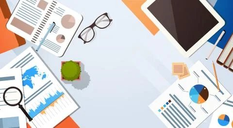 Workplace Desk Documents Papers Folder Office Stuff Top Angle View Stock Illustration