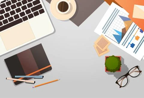 Workplace Desk Documents Papers Folder Office Stuff Top Angle View Stock Illustration