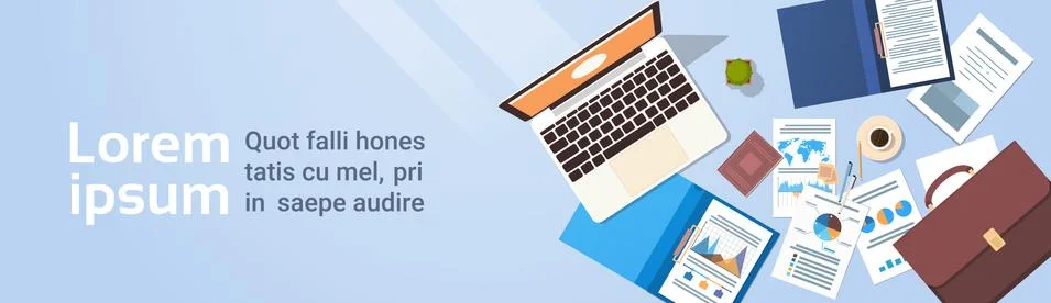 Workplace Desk Documents Papers Folder Office Stuff Top Angle View Stock Illustration
