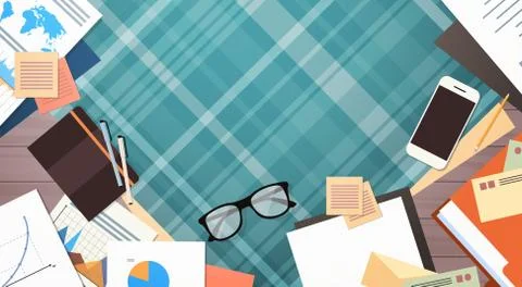 Workplace Desk Documents Papers Folder Office Stuff Top Angle View Stock Illustration