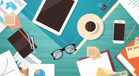 Workplace Desk Documents Papers Folder Office Stuff Top Angle View Illustrazione stock