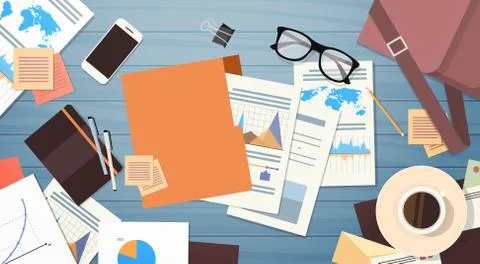 Workplace Desk Documents Papers Folder Office Stuff Top Angle View Stock Illustration