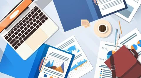 Workplace Desk Documents Papers Folder Office Stuff Top Angle View Stock Illustration