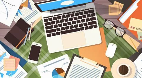 Workplace Desk Documents Papers Folder Office Stuff Top Angle View Stock Illustration