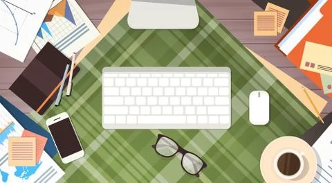 Workplace Desk Documents Papers Folder Office Stuff Top Angle View Stock Illustration