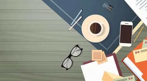 Workplace Desk Documents Papers Folder Office Stuff Top Angle View Stock Illustration