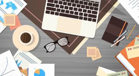 Workplace Desk Documents Papers Folder Office Stuff Top Angle View Stock Illustration