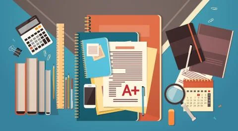 Workplace Desk Documents Papers Folder Office Stuff Top Angle View Copy Space Illustrazione stock