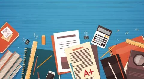 Workplace Desk Documents Papers Folder Office Stuff Top Angle View Copy Space Stock Illustration