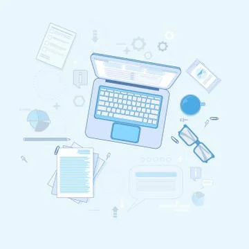 Workplace Desk Laptop Computer Notebook Coffee Top Angle View Stock Illustration
