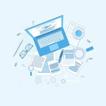 Workplace Desk Laptop Computer Notebook Coffee Top Angle View Stock Illustration