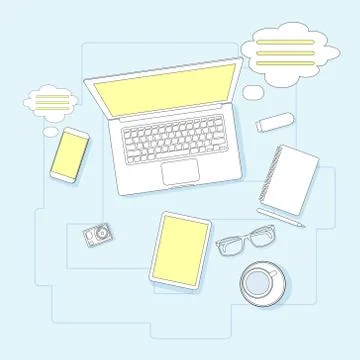 Workplace Desk Laptop Computer Notebook Coffee Top Angle View Stock Illustration