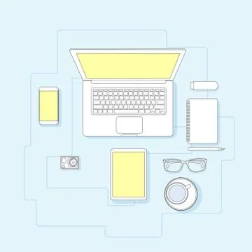 Workplace Desk Laptop Computer Notebook Coffee Top Angle View Stock Illustration