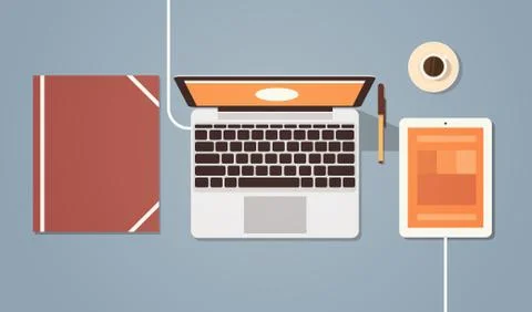 Workplace Desk Top Angle View Laptop And Tablet Computer Stock Illustration